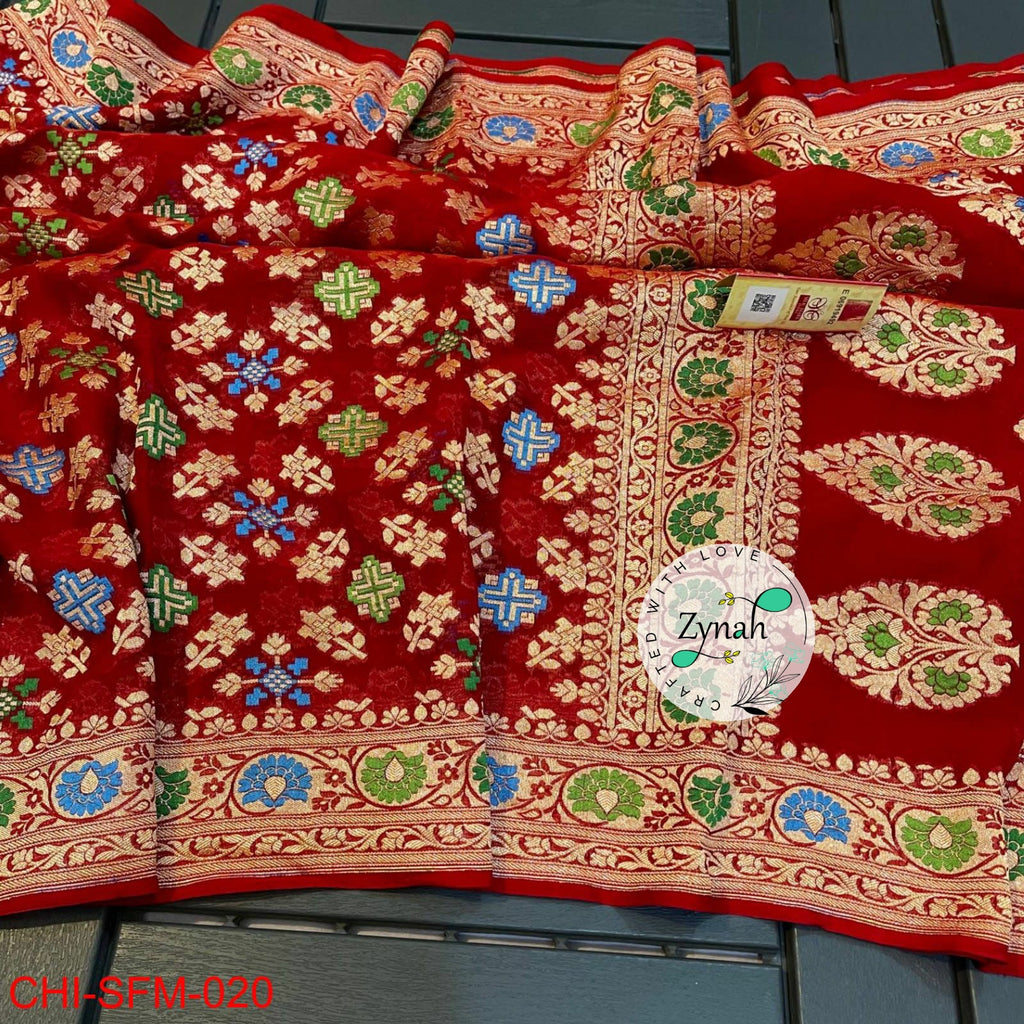 Zynah Pure Khaddi Georgette Meenakari Saree with Golden Zari Weave; Custom Stitched/Ready-made Blouse, Fall, Petticoat; Shipping available USA, Worldwide