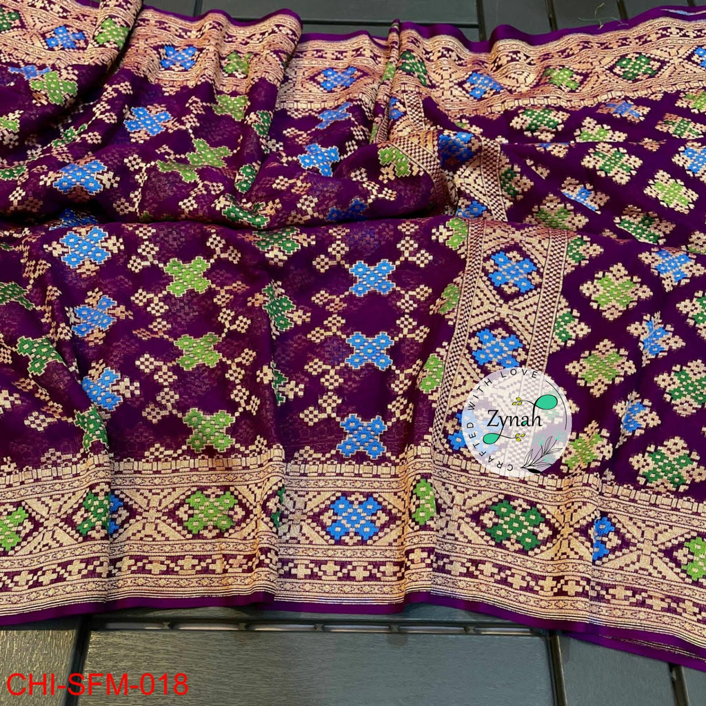 Zynah Pure Khaddi Georgette Meenakari Saree with Golden Zari Weave; Custom Stitched/Ready-made Blouse, Fall, Petticoat; Shipping available USA, Worldwide