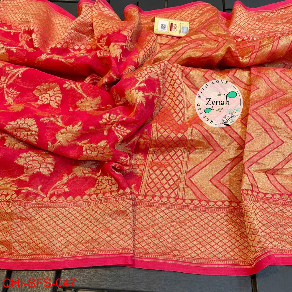 Zynah Pure Khaddi Georgette Saree with Golden Zari Weave; Custom Stitched/Ready-made Blouse, Fall, Petticoat; Shipping available USA, Worldwide