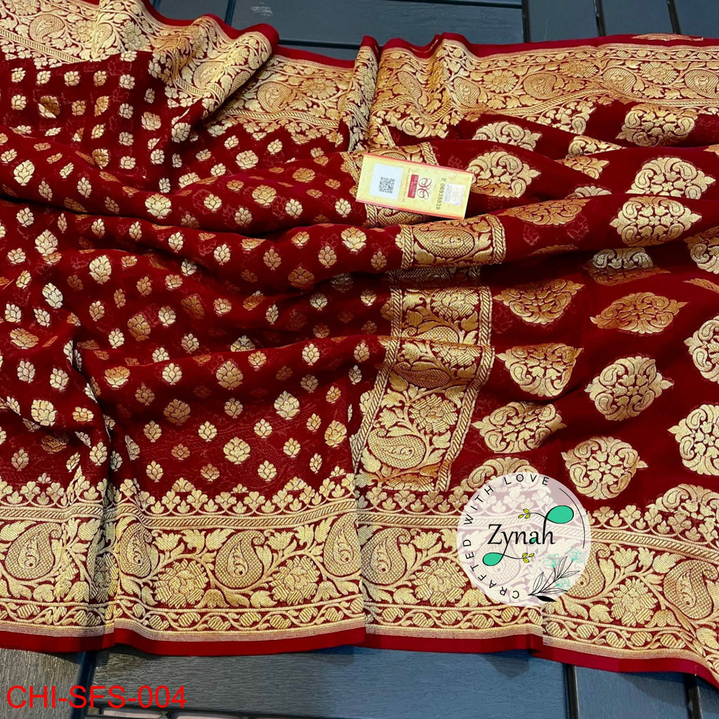 Zynah Pure Khaddi Georgette Saree with Golden Zari Weave; Custom Stitched/Ready-made Blouse, Fall, Petticoat; Shipping available USA, Worldwide