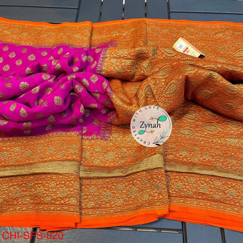 Zynah Pure Khaddi Georgette Saree with Golden Zari; Custom Stitched/Ready-made Blouse, Fall, Petticoat; Shipping available USA, Worldwide