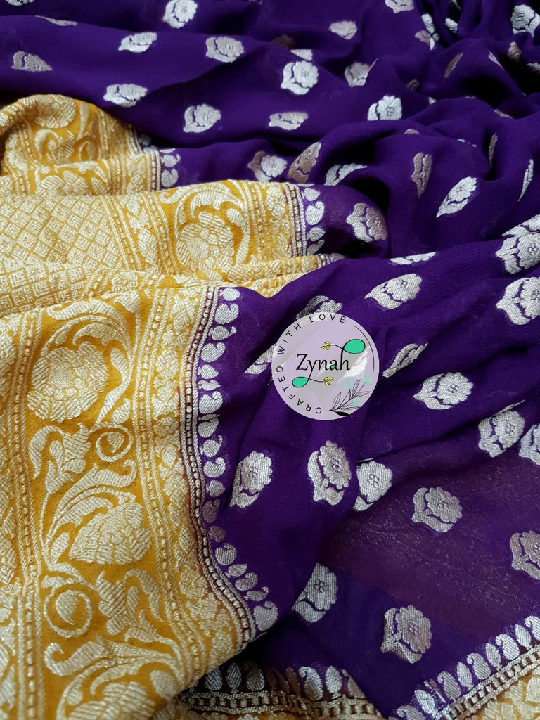 Zynah Pure Khaddi Georgette Saree with Golden Zari Weave; Custom Stitched/Ready-made Blouse, Fall, Petticoat; Shipping available USA, Worldwide