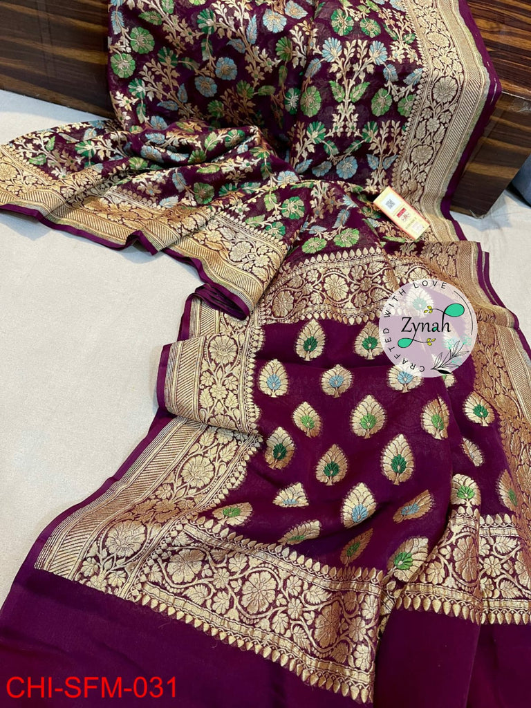 Zynah Pure Khaddi Georgette Meenakari Saree with Golden Zari Weave; Custom Stitched/Ready-made Blouse, Fall, Petticoat; Shipping available USA, Worldwide