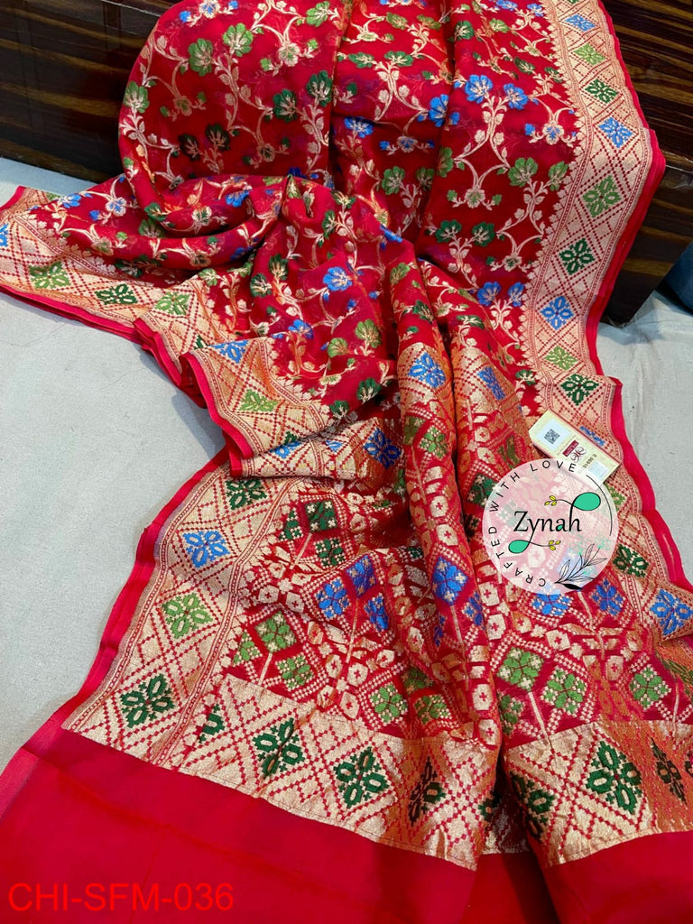 Zynah Pure Khaddi Georgette Meenakari Saree with Golden Zari Weave; Custom Stitched/Ready-made Blouse, Fall, Petticoat; Shipping available USA, Worldwide