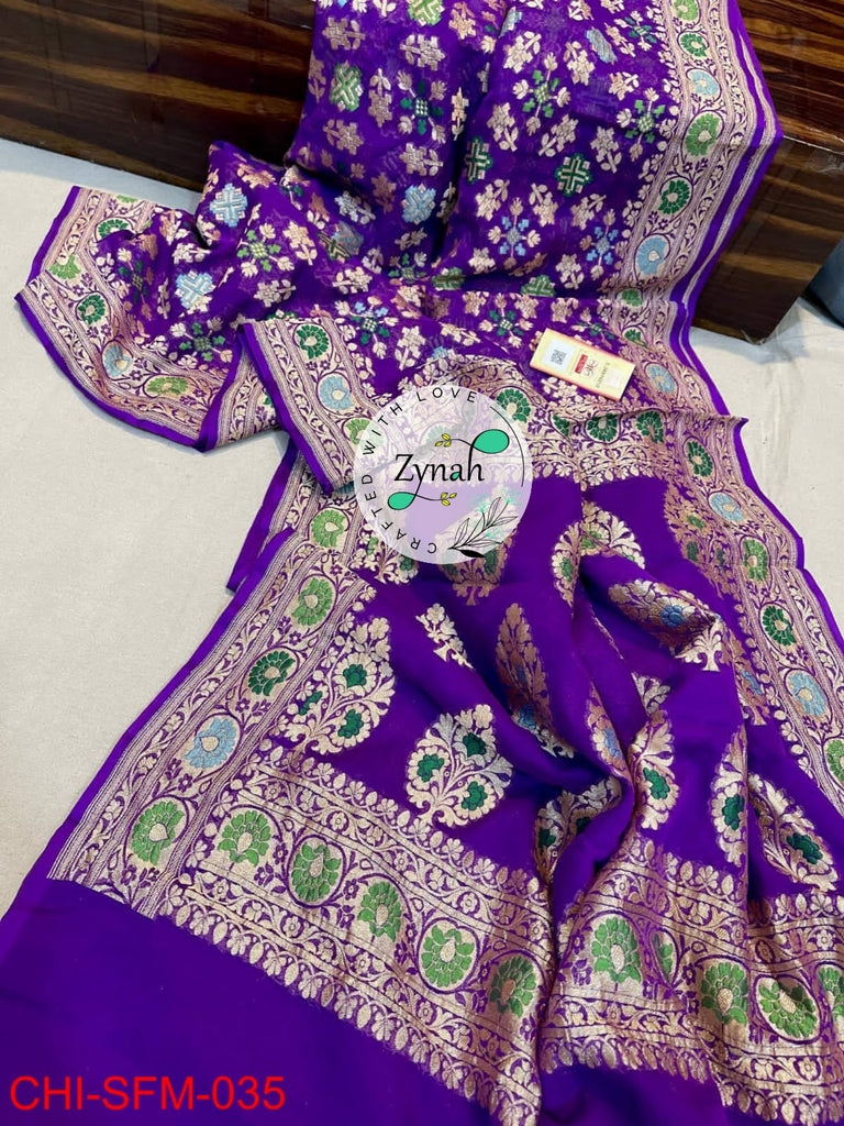 Zynah Pure Khaddi Georgette Meenakari Saree with Golden Zari Weave; Custom Stitched/Ready-made Blouse, Fall, Petticoat; Shipping available USA, Worldwide