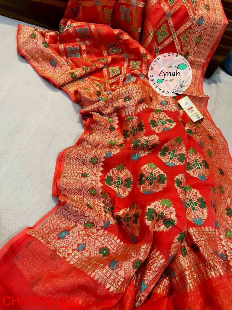 Zynah Pure Khaddi Georgette Meenakari Saree with Golden Zari Weave; Custom Stitched/Ready-made Blouse, Fall, Petticoat; Shipping available USA, Worldwide