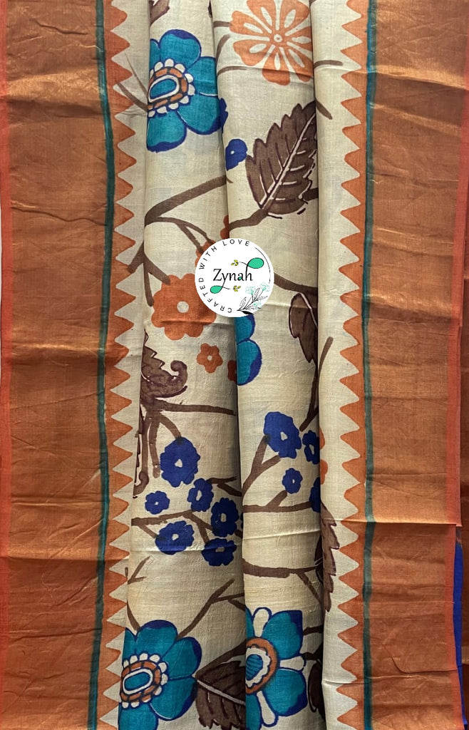 Zynah Pure Tussar Silk Hand-painted Kalamkari Saree; Custom Stitched/Ready-made Blouse, Fall, Petticoat; Shipping available USA, Worldwide