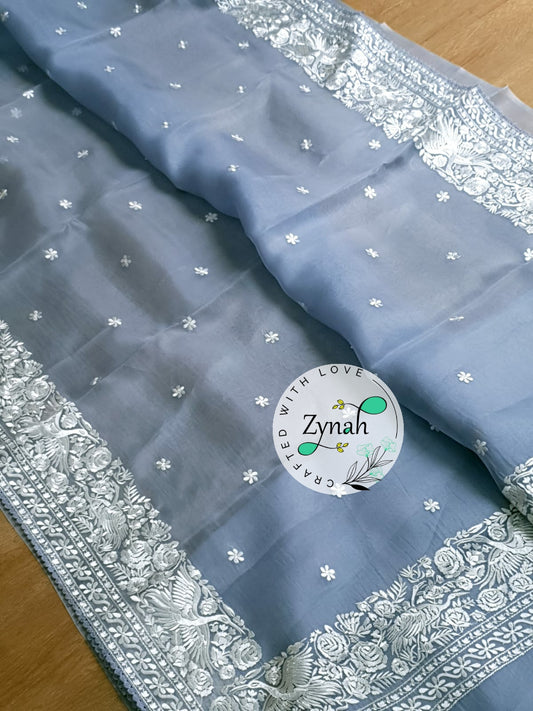 Zynah Pure Organza Silk Saree with Parsi Gara Embroidery & Crochet Lace; Custom Stitched/Ready-made Blouse, Fall, Petticoat; Shipping available USA, Worldwide
