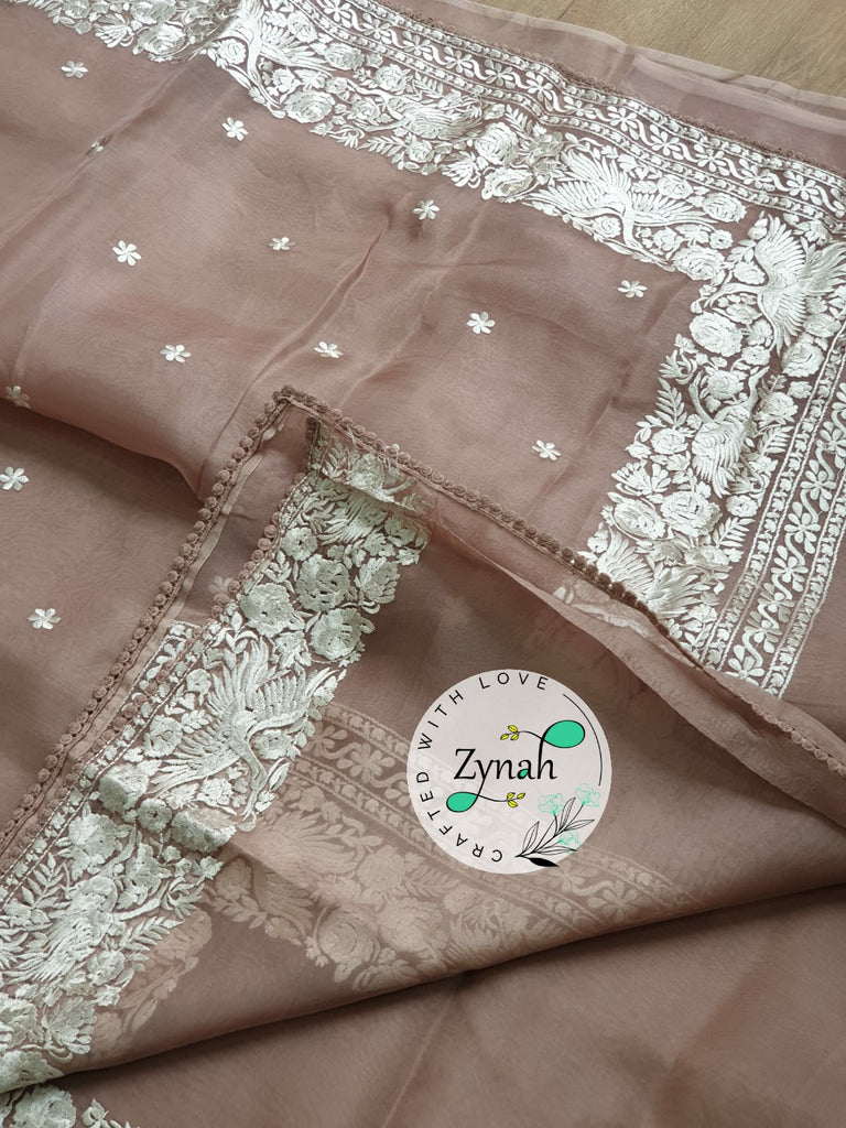 Zynah Pure Organza Silk Saree with Parsi Gara Embroidery & Crochet Lace; Custom Stitched/Ready-made Blouse, Fall, Petticoat; Shipping available USA, Worldwide