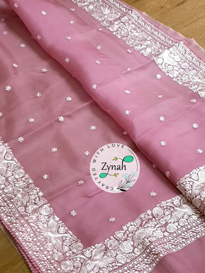 Zynah Pure Organza Silk Saree with Parsi Gara Embroidery & Crochet Lace; Custom Stitched/Ready-made Blouse, Fall, Petticoat; Shipping available USA, Worldwide