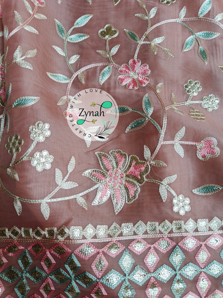 Zynah Pure Organza Silk Saree with Gotapatti Lace, Foil & Thread Embroidery Work; Custom Stitched/Ready-made Blouse, Fall, Petticoat; Shipping available USA, Worldwide