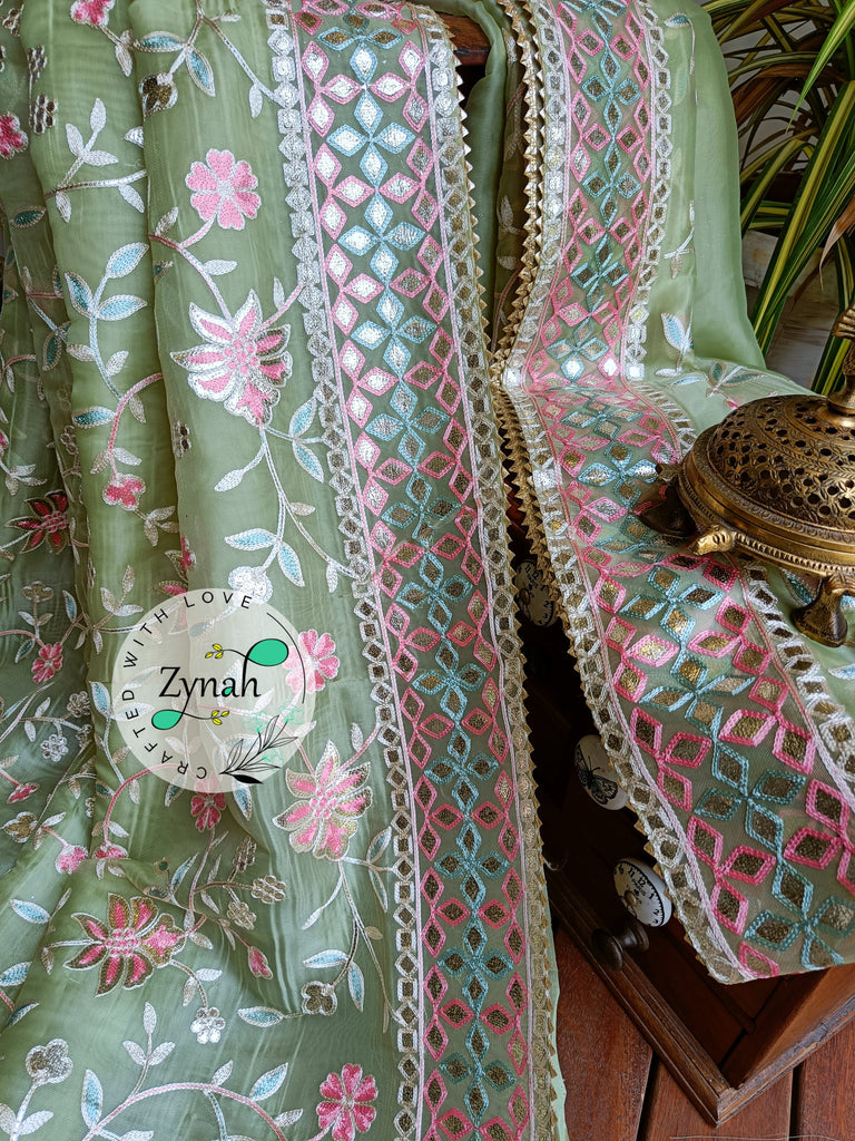 Zynah Pure Organza Silk Saree with Gotapatti Lace, Foil & Thread Embroidery Work; Custom Stitched/Ready-made Blouse, Fall, Petticoat; Shipping available USA, Worldwide