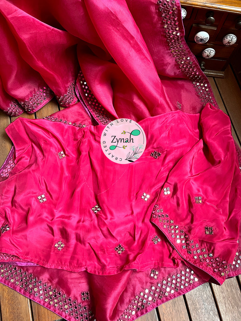 Zynah Pure Organza Silk Saree with Mirror Kutchi Work; Custom Stitched/Ready-made Blouse, Fall, Petticoat; Shipping available USA, Worldwide