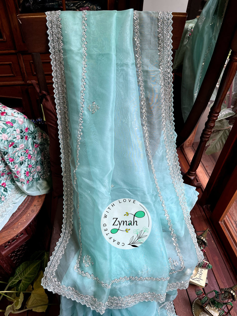 Zynah Sea Green Color Pure Organza Silk Saree with Sequence, Pearls & Cut-dana Work; Custom Stitched/Ready-made Blouse, Fall, Petticoat; Shipping available USA, Worldwide