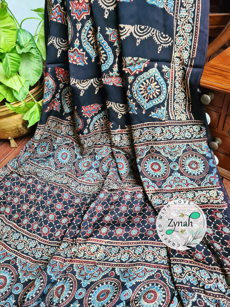 Zynah Black Color Pure Modal Silk Ajrakh Saree with Handblock Prints; Custom Stitched/Ready-made Blouse, Fall, Petticoat; Shipping available USA, Worldwide