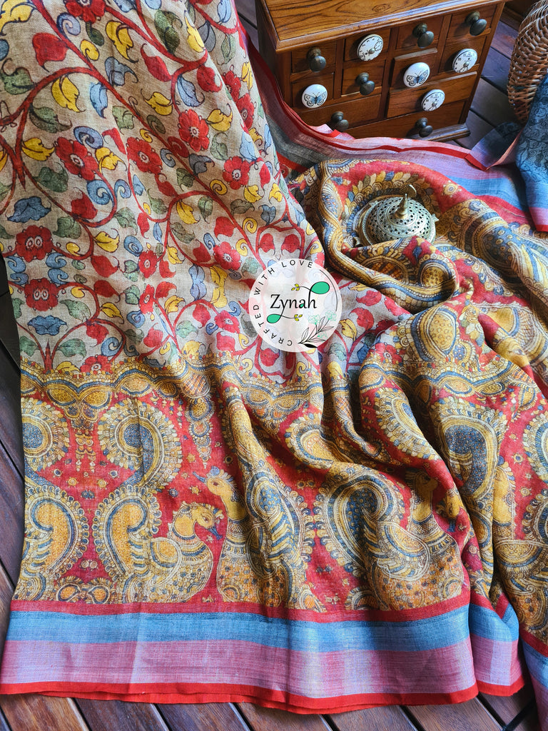 Zynah Beige Color Kalamkari Organic Lab Tested 120 Count pure 'Linen by Linen' Saree; Custom Stitched/Ready-made Blouse, Fall, Petticoat; Shipping available USA, Worldwide