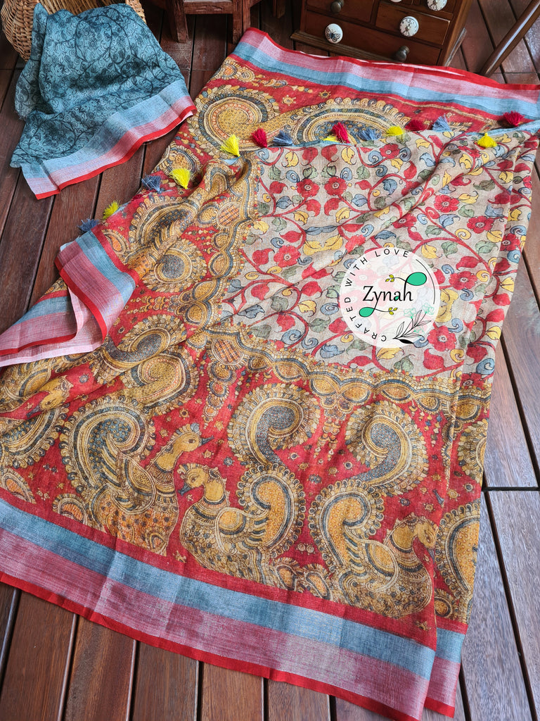 Zynah Beige Color Kalamkari Organic Lab Tested 120 Count pure 'Linen by Linen' Saree; Custom Stitched/Ready-made Blouse, Fall, Petticoat; Shipping available USA, Worldwide