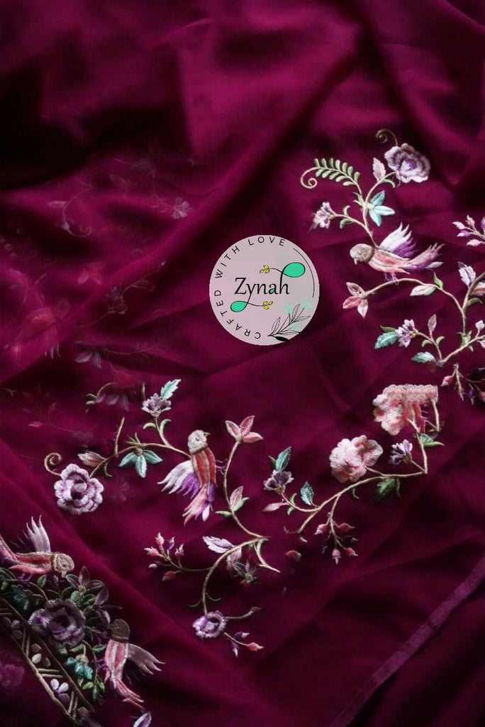 Zynah Pure Georgette Saree with Parsi Gara Inspired Embroidery; Custom Stitched/Ready-made Blouse, Fall, Petticoat; Shipping available USA, Worldwide
