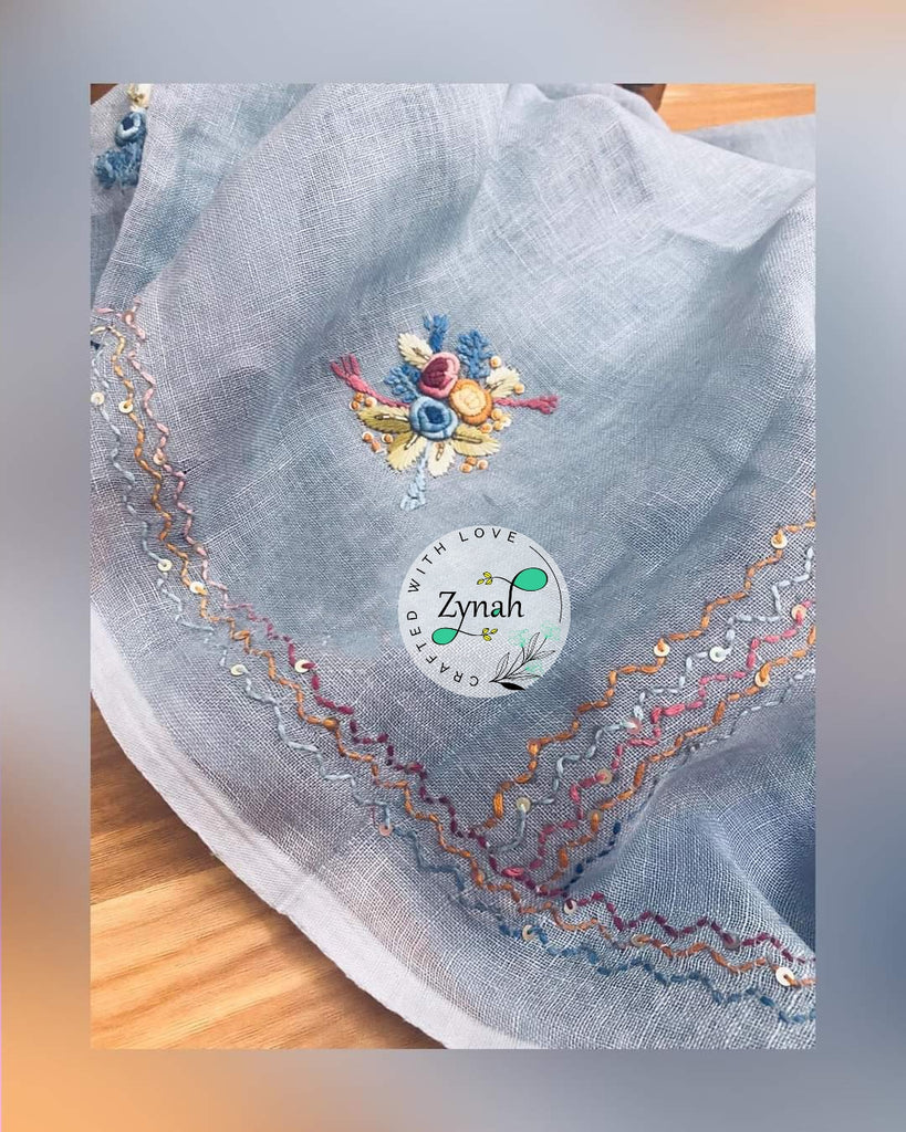 Zynah Pure Linen(120c) Handcrafted Saree with French Knot Hand Embroidery; Custom Stitched/Ready-made Blouse, Fall, Petticoat; Shipping available USA, Worldwide