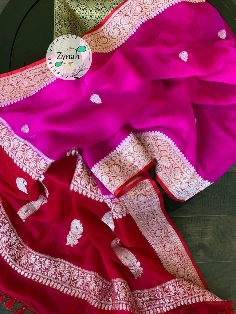 Zynah Pure Banarasi Handloom Khaddi Georgette Saree with Zari Weave; Custom Stitched/Ready-made Blouse, Fall, Petticoat; Shipping available USA, Worldwide