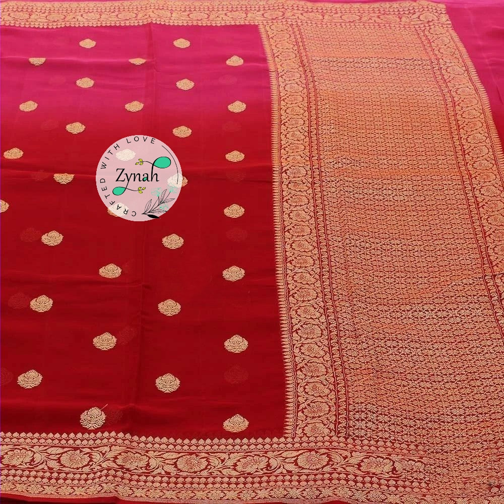 Zynah Pure Banarasi Handloom Khaddi Georgette Double-shaded Saree with Zari Weave; Custom Stitched/Ready-made Blouse, Fall, Petticoat; Shipping available USA, Worldwide