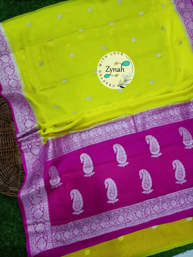 Zynah Pure Banarasi Handloom Khaddi Georgette Saree with Zari Weave; Custom Stitched/Ready-made Blouse, Fall, Petticoat; Shipping available USA, Worldwide
