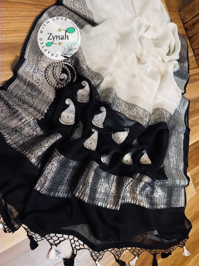 Zynah White & Black Color Pure Banarasi Handloom Khaddi Georgette Saree with Zari Border & Butis; Custom Stitched/Ready-made Blouse, Fall, Petticoat; Shipping available USA, Worldwide