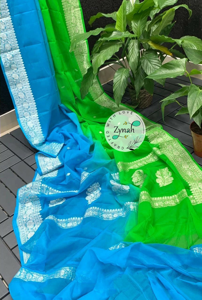 Zynah Pure Banarasi Handloom Khaddi Georgette Double-shaded Saree with Zari Weave; Custom Stitched/Ready-made Blouse, Fall, Petticoat; Shipping available USA, Worldwide