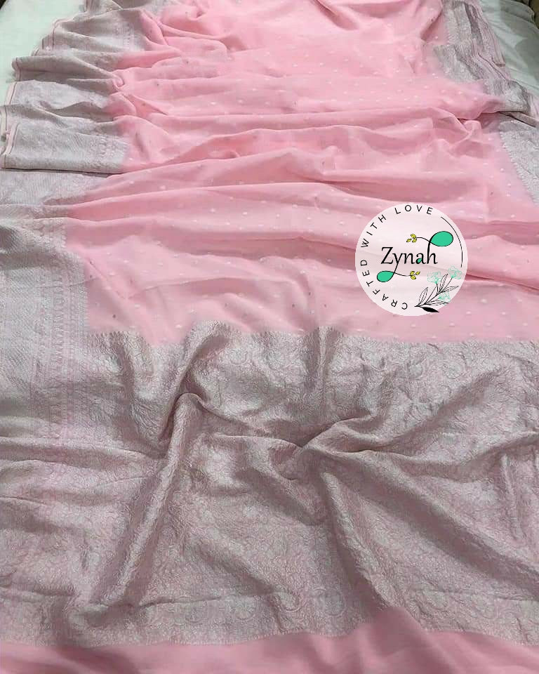 Zynah Pure Khaddi Georgette Saree with Golden Zari Weave; Custom Stitched/Ready-made Blouse, Fall, Petticoat; Shipping available USA, Worldwide