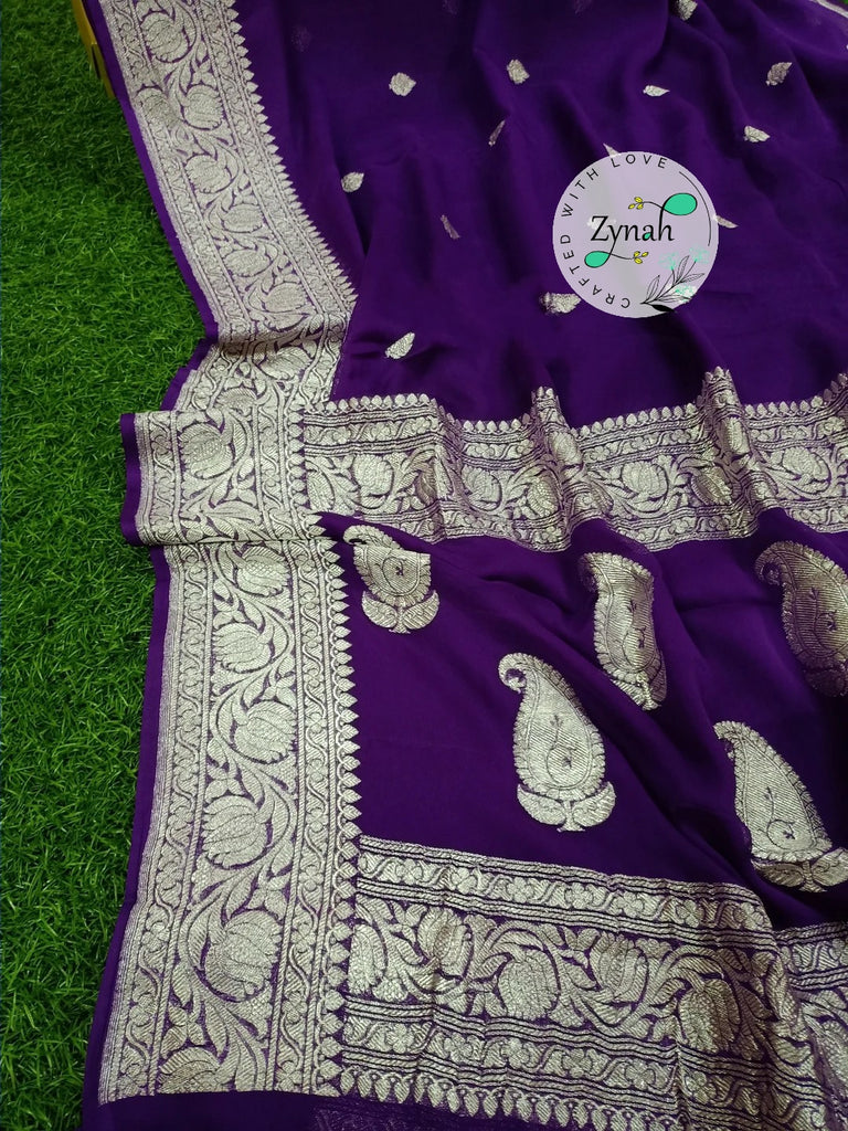 Zynah Pure Banarasi Handloom Khaddi Georgette Saree with Zari Border & Butis; Custom Stitched/Ready-made Blouse, Fall, Petticoat; Shipping available USA, Worldwide