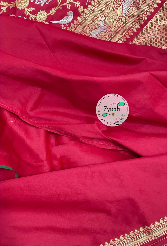 Zynah Pure Banarasi Soft Silk Saree with Shikargah Design; Custom Stitched/Ready-made Blouse, Fall, Petticoat; Shipping available USA, Worldwide