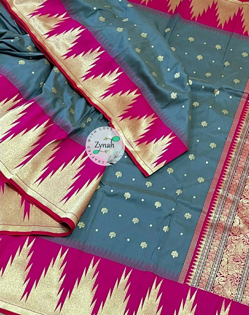 Zynah Pure Banarasi Soft Silk Saree with Temple Design Border; Custom Stitched/Ready-made Blouse, Fall, Petticoat; Shipping available USA, Worldwide