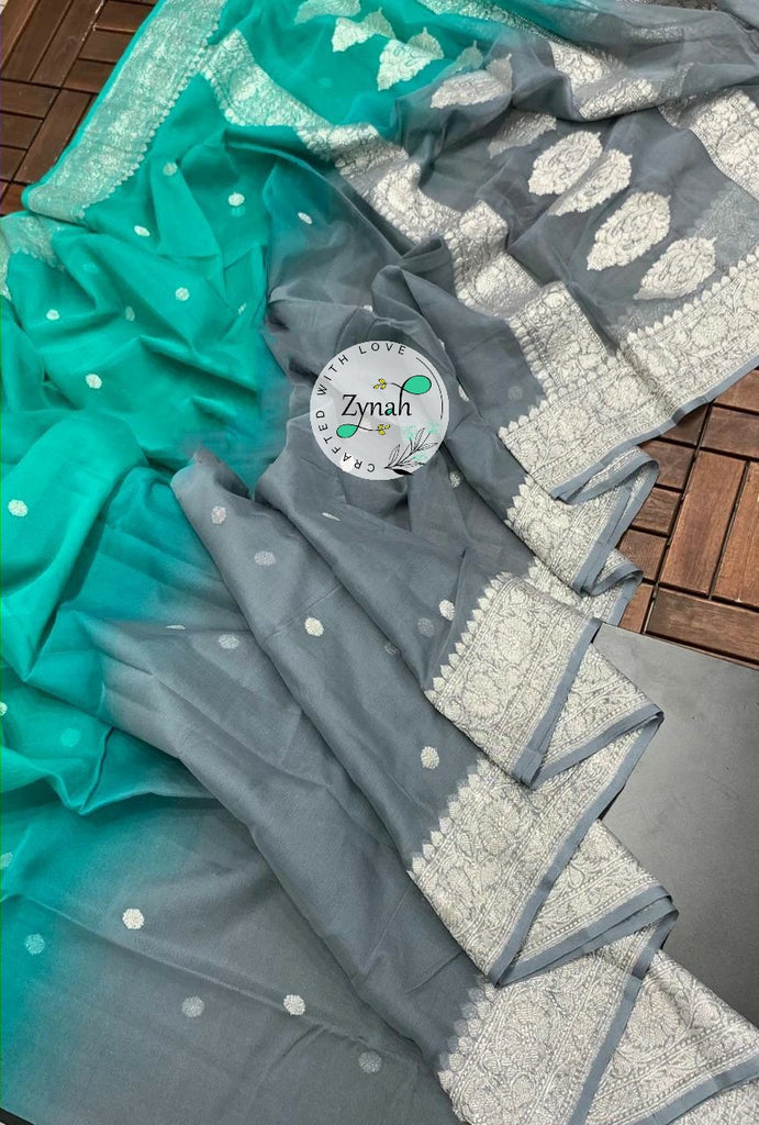 Zynah Pure Banarasi Handloom Khaddi Georgette Double-shaded Saree with Zari Weave; Custom Stitched/Ready-made Blouse, Fall, Petticoat; Shipping available USA, Worldwide