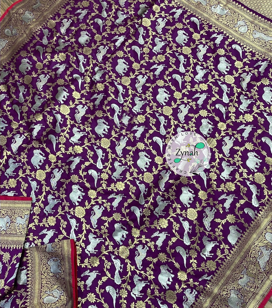 Zynah Pure Banarasi Soft Silk Saree with Shikargah Design; Custom Stitched/Ready-made Blouse, Fall, Petticoat; Shipping available USA, Worldwide