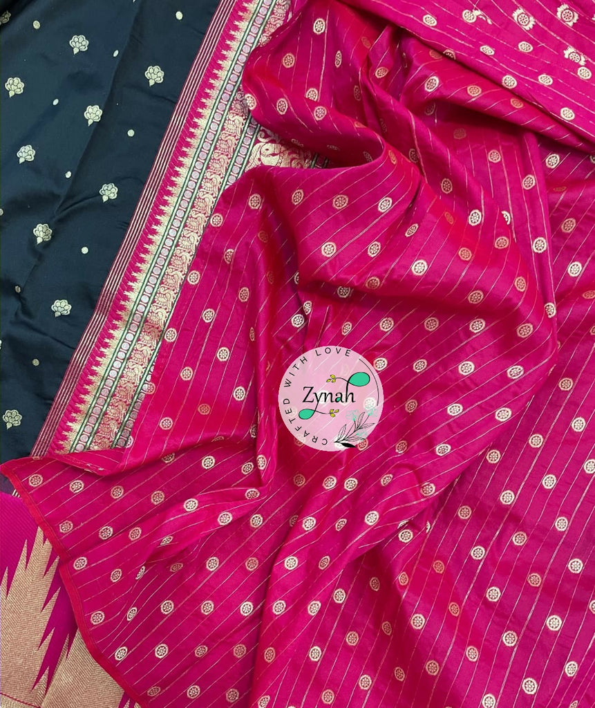 Zynah Pure Banarasi Soft Silk Saree with Temple Design Border; Custom Stitched/Ready-made Blouse, Fall, Petticoat; Shipping available USA, Worldwide