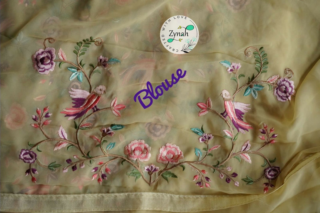 Zynah Pure Georgette Saree with Parsi Gara Inspired Embroidery; Custom Stitched/Ready-made Blouse, Fall, Petticoat; Shipping available USA, Worldwide