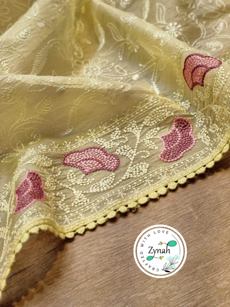 Zynah Yellow Color Pure Organza Silk Chikankari  Embroidery Saree with Crochet Lace  in Pastel Shades; Available in many colors; stitched readymade blouse,fall,petticoat,available in USA