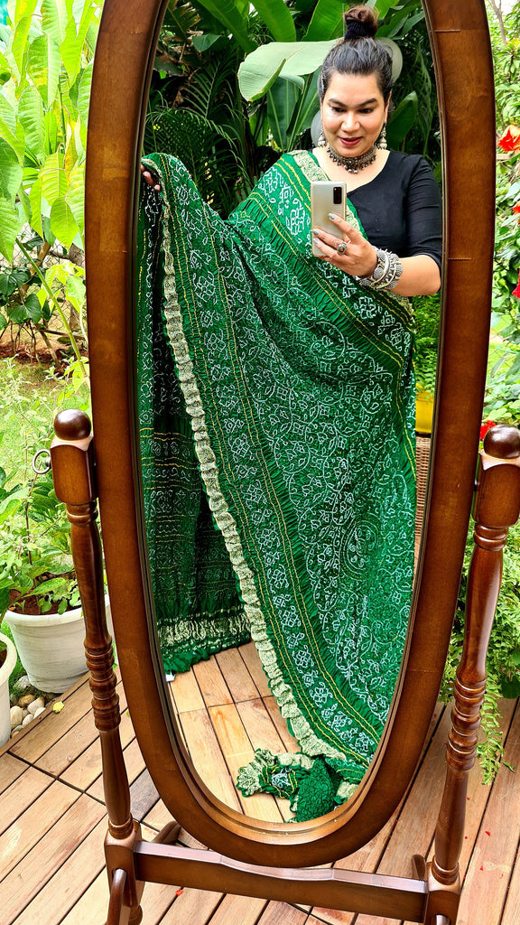 Zynah Pure Gajji Silk Designer Bandhani Saree with Banarasi Border & Pallu; Custom Stitched/Ready-made Blouse, Fall, Petticoat; Shipping available USA, Worldwide