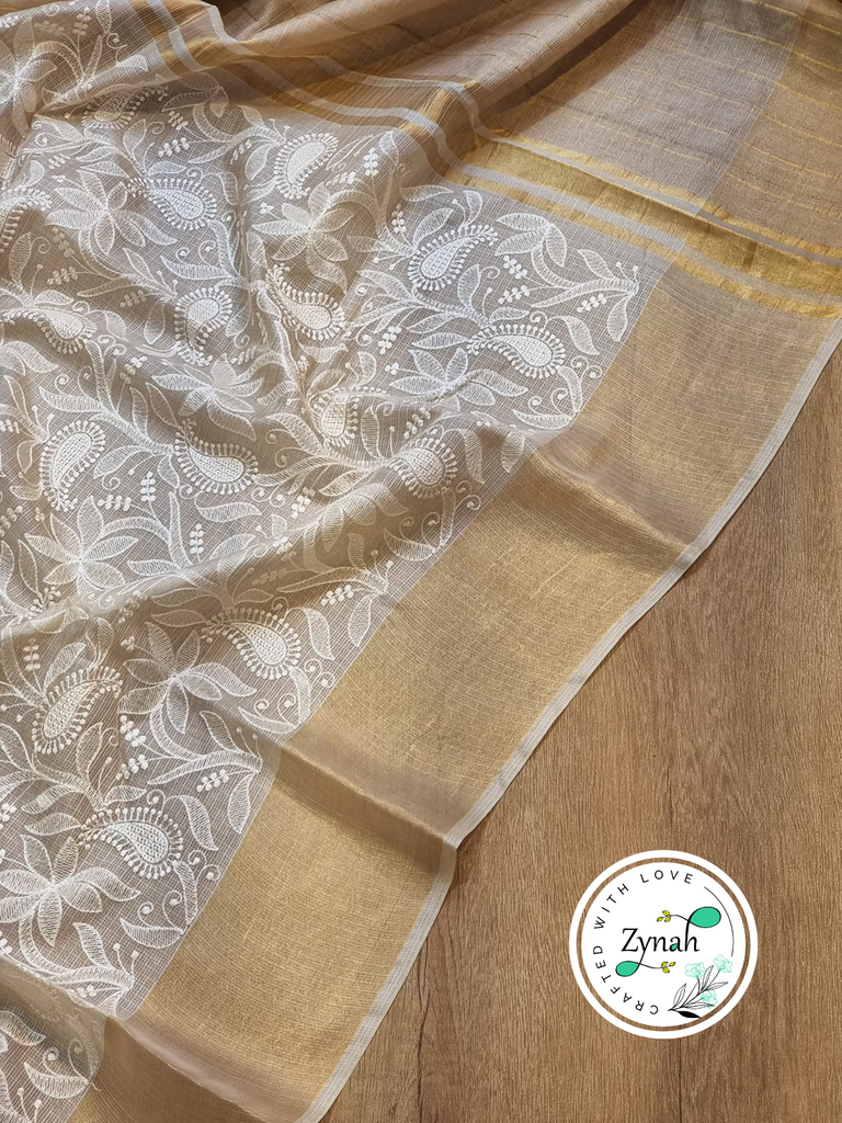 Zynah Off-White Color Pure Tussar Kota Silk Saree with Heavy Chikankari Embroidery With Double Ghiccha Pallu and Heavy Tassels; Custom Stitched/Ready-made Blouse, Fall, Petticoat; Shipping available USA, Worldwide