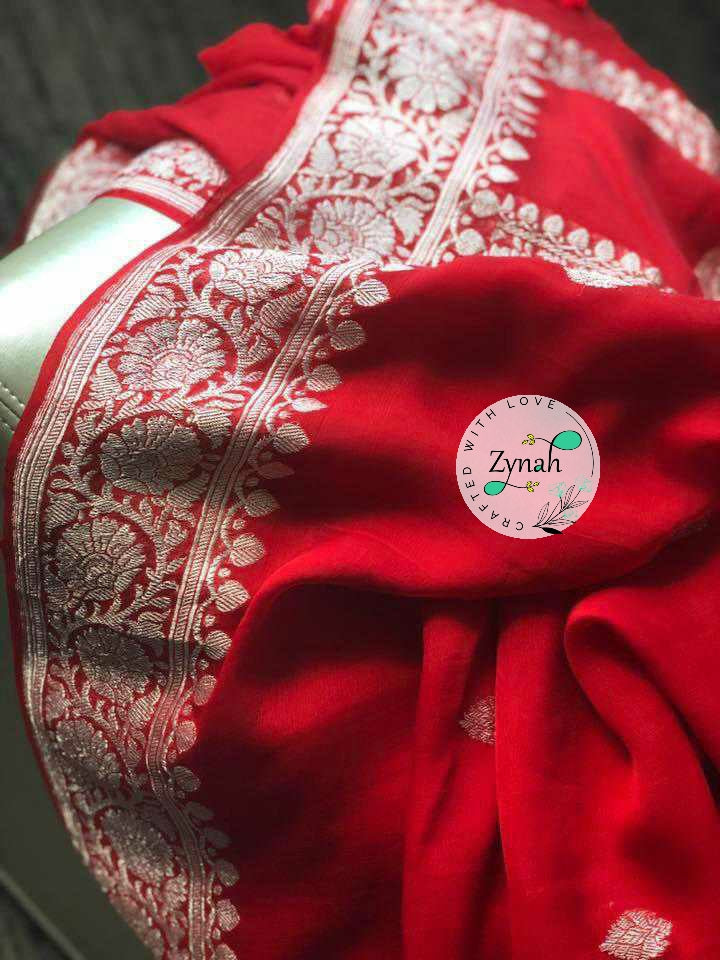 Zynah Pure Banarasi Handloom Khaddi Georgette Saree with Zari Border & Butis; Custom Stitched/Ready-made Blouse, Fall, Petticoat; Shipping available USA, Worldwide