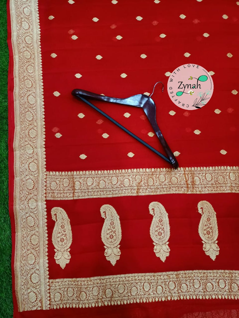 Zynah Pure Banarasi Handloom Khaddi Georgette Saree with Zari Border & Butis; Custom Stitched/Ready-made Blouse, Fall, Petticoat; Shipping available USA, Worldwide