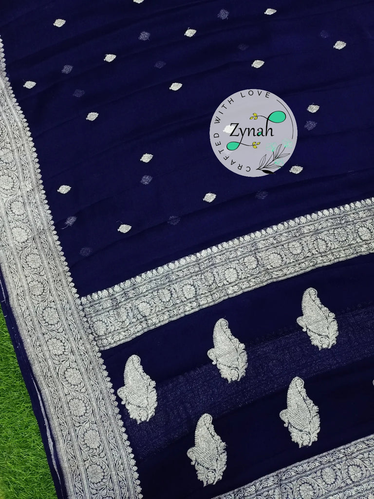 Zynah Pure Banarasi Handloom Khaddi Georgette Saree with Zari Border & Butis; Custom Stitched/Ready-made Blouse, Fall, Petticoat; Shipping available USA, Worldwide