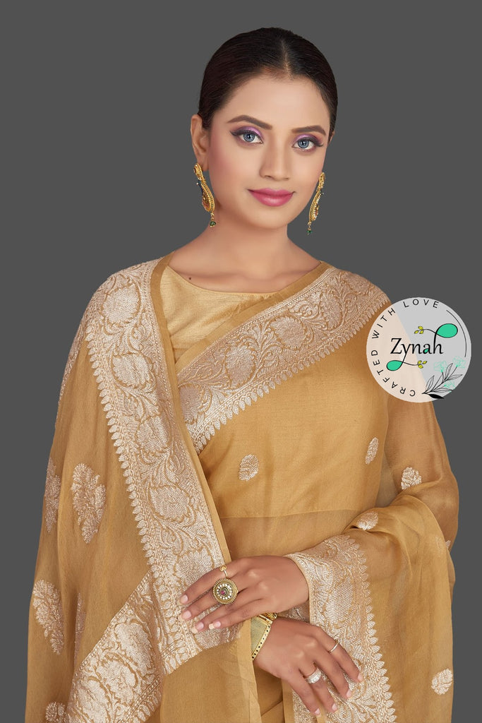Zynah Pure Banarasi Handloom Khaddi Georgette Saree with Zari Border & Butis; Custom Stitched/Ready-made Blouse, Fall, Petticoat; Shipping available USA, Worldwide