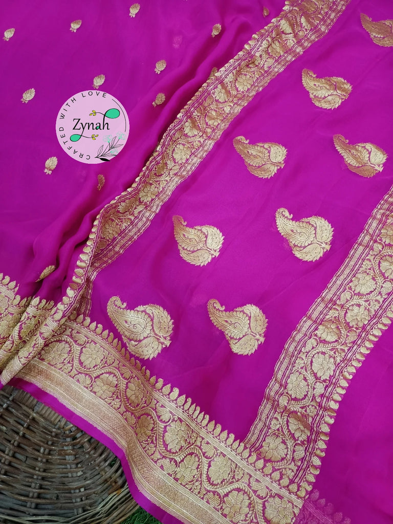 Zynah Pure Banarasi Handloom Khaddi Georgette Saree with Zari Border & Butis; Custom Stitched/Ready-made Blouse, Fall, Petticoat; Shipping available USA, Worldwide