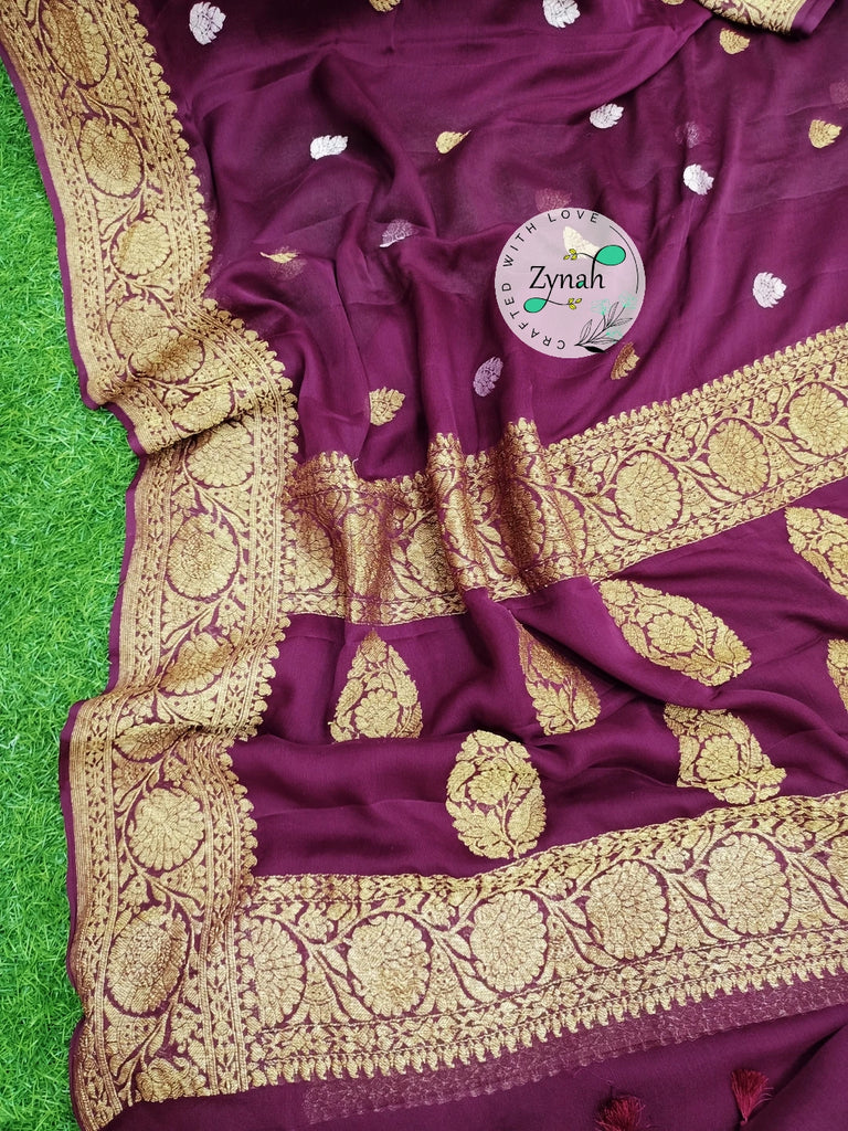 Zynah Pure Banarasi Handloom Khaddi Georgette Saree with Zari Border & Butis; Custom Stitched/Ready-made Blouse, Fall, Petticoat; Shipping available USA, Worldwide