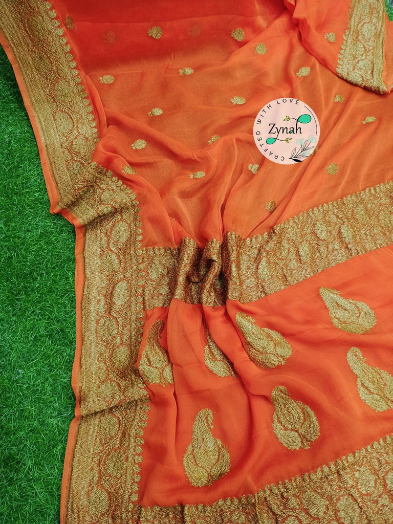 Zynah Pure Banarasi Handloom Khaddi Georgette Saree with Zari Border & Butis; Custom Stitched/Ready-made Blouse, Fall, Petticoat; Shipping available USA, Worldwide