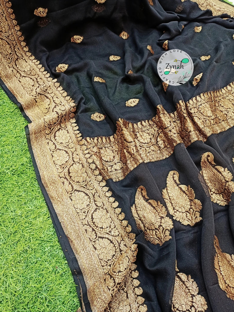Zynah Pure Banarasi Handloom Khaddi Georgette Saree with Zari Border & Butis; Custom Stitched/Ready-made Blouse, Fall, Petticoat; Shipping available USA, Worldwide