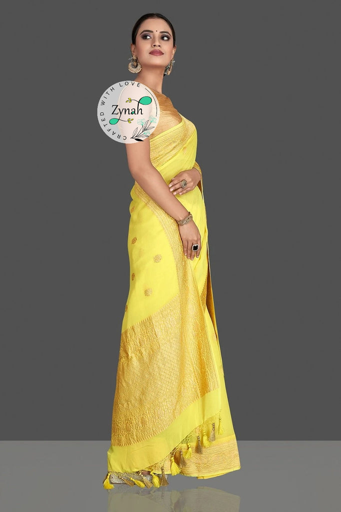 Zynah Pure Banarasi Handloom Khaddi Georgette Saree with Golden Zari Border & Butis; Custom Stitched/Ready-made Blouse, Fall, Petticoat; Shipping available USA, Worldwide