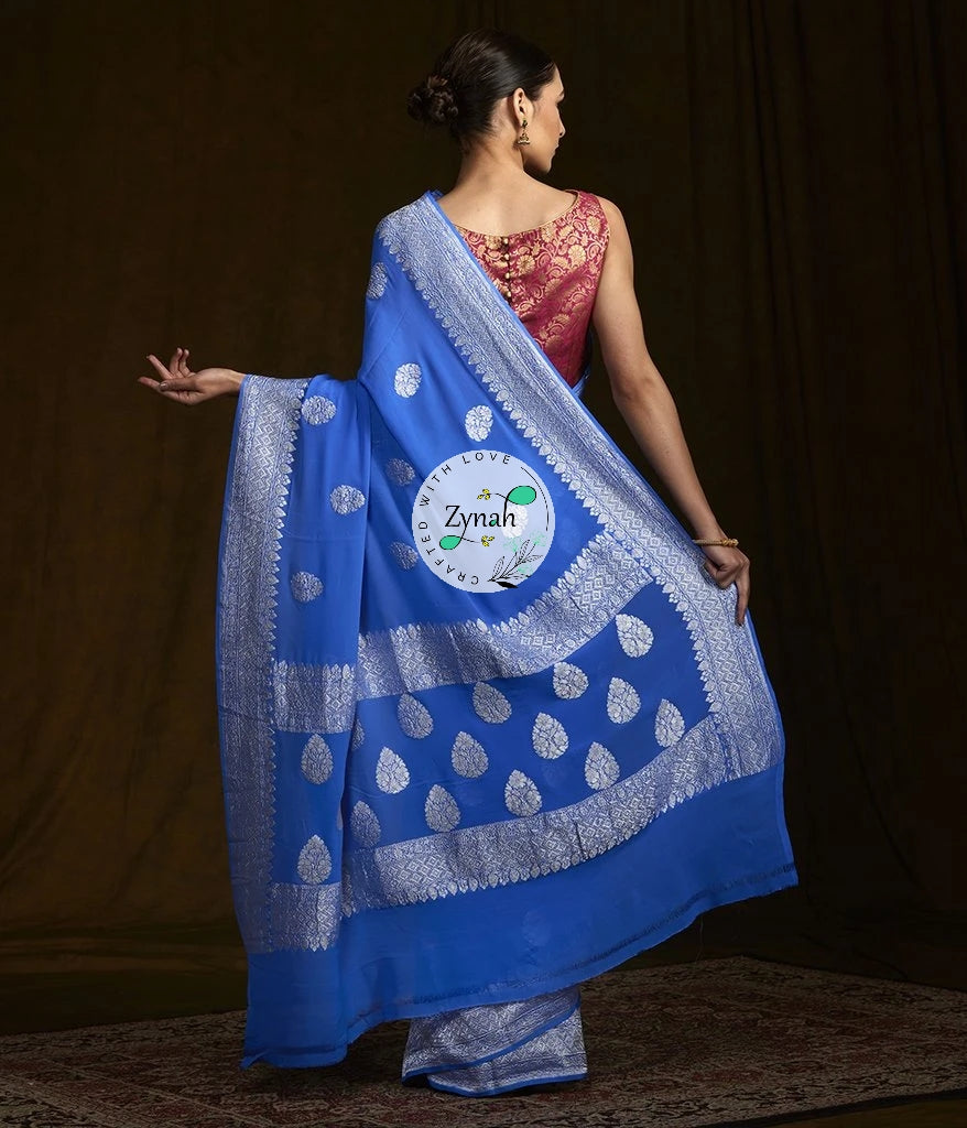 Zynah Pure Banarasi Handloom Khaddi Georgette Saree with Zari Border & Butis; Custom Stitched/Ready-made Blouse, Fall, Petticoat; Shipping available USA, Worldwide