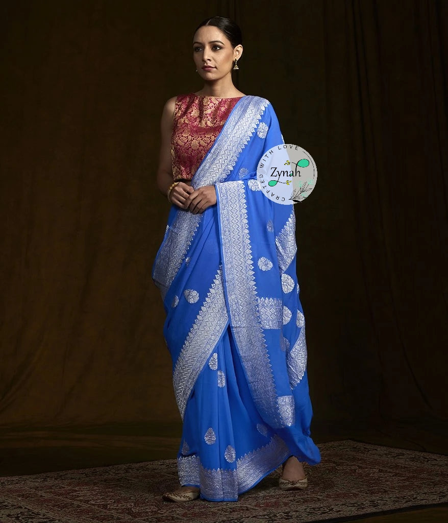 Zynah Pure Banarasi Handloom Khaddi Georgette Saree with Zari Border & Butis; Custom Stitched/Ready-made Blouse, Fall, Petticoat; Shipping available USA, Worldwide
